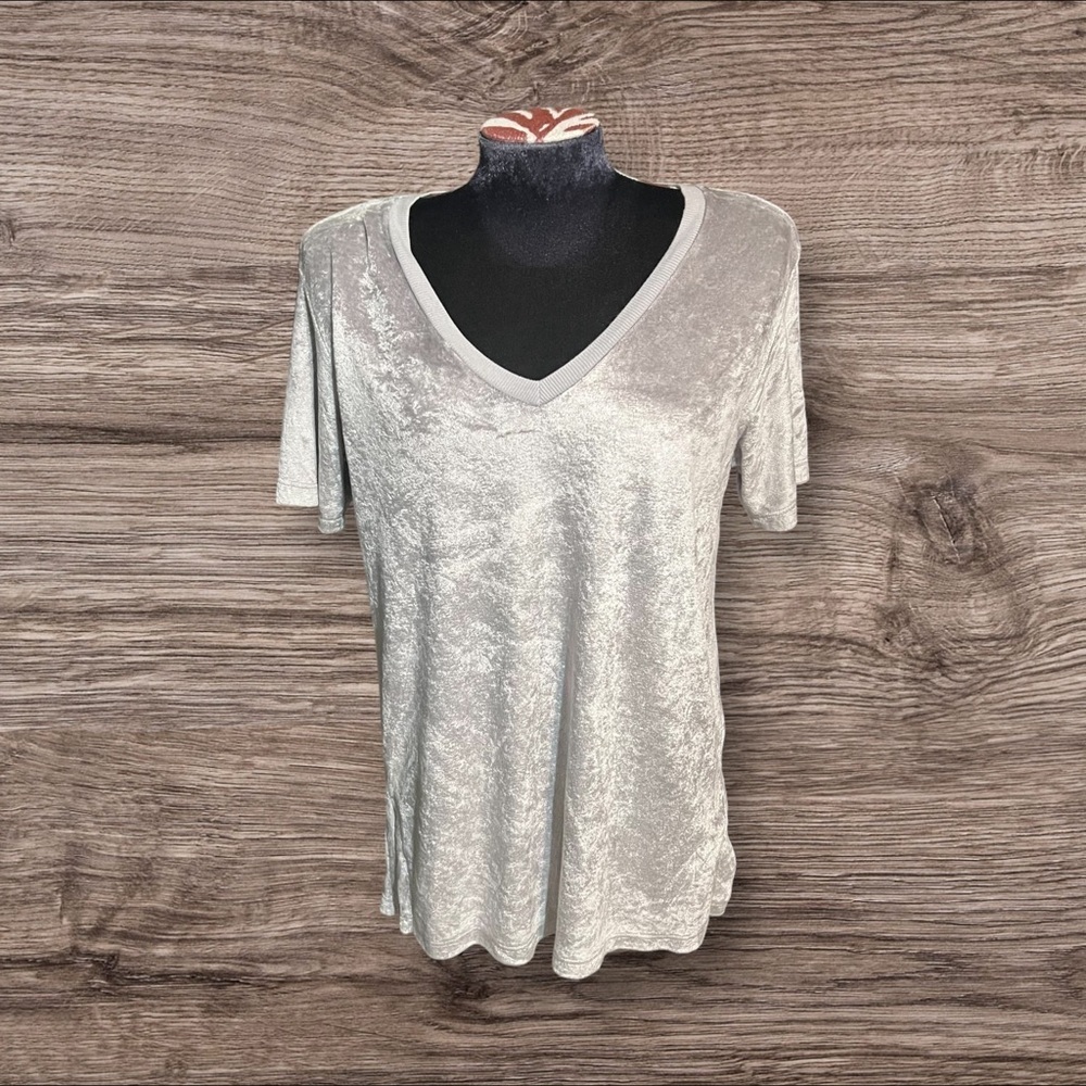 Michael Stars Gray V-Neck Short Sleeve Velvety Velour T-Shirt Top Size XS